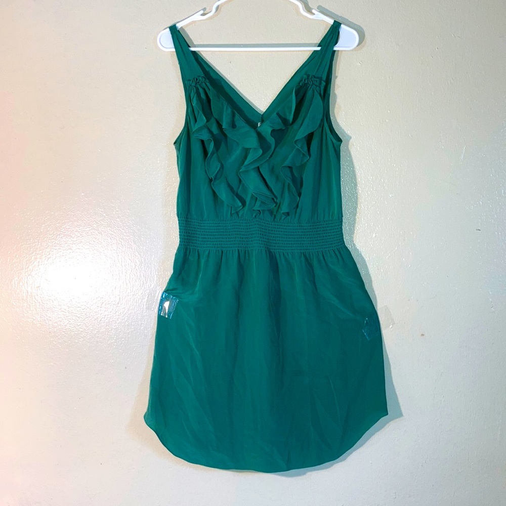 Rebecca Taylor 100% Silk Elastic Waist V-Neck Ruffle Sundress Size 8 Green